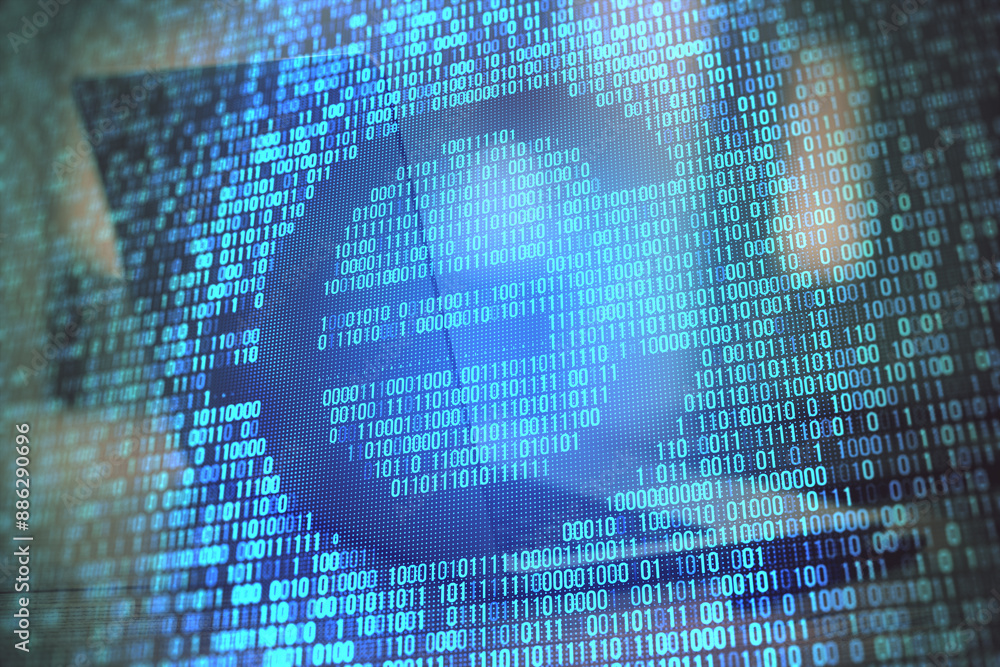 Poster Close up of creative blue binary coding hologram with euro outline on blurry workplace background. Digital money and cryptocurrency concept. Double exposure.