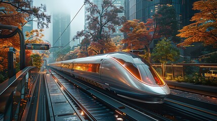 Futuristic vision of American transport with hyper realistic electric buses and drones set in a modern urban environment with a clean white background and space for infographics and writing