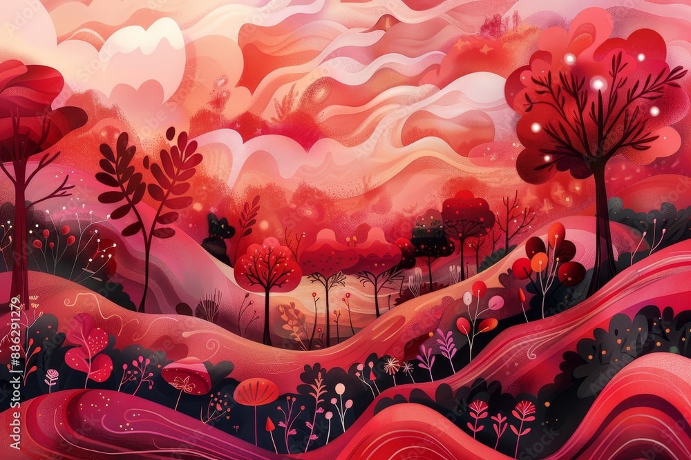 Poster a painting depicting a vibrant landscape filled with tall trees and fluffy clouds, create a whimsica