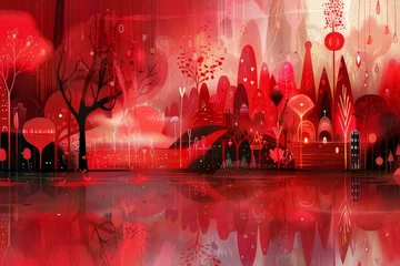 Selbstklebende Fototapeten A painting depicting a red landscape with vibrant trees and buildings, Create a whimsical illustration with various red tones blending together as the canvas © Iftikhar alam