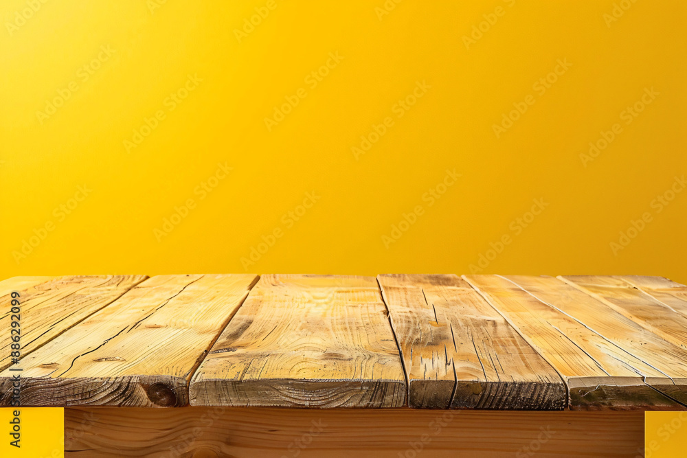 Poster empty wood table top on yellow background for product display presentation with space for text or de