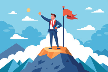 Courageous Business Pioneer Conquering New Market Opportunities, Holding Victory Flag on Mountain Peak Summit