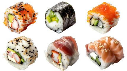 Large set of different types of maki sushi. Transparent background or PNG file.
