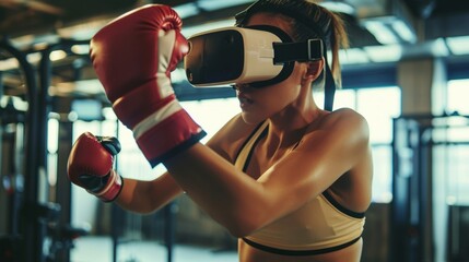 A woman in a gym uses virtual reality to train with boxing gloves, showing the potential of VR for immersive athletic training