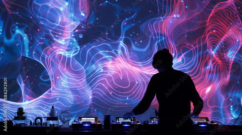 Poster a dj mixes music in front of a colorful abstract projection.