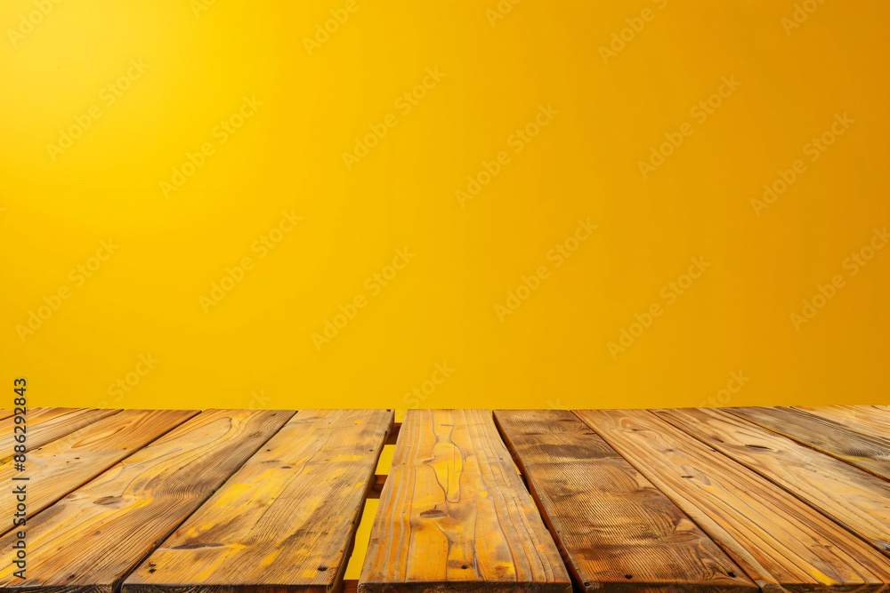Poster empty wood table top on yellow background for product display presentation with space for text or de