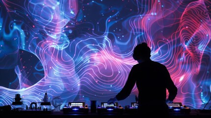 A DJ mixes music in front of a colorful abstract projection.