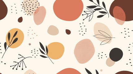 Abstract pastel pattern with organic shapes, dots, and botanical elements in earth tones. Seamless design for backgrounds and textiles.