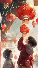 Naklejka premium anime father enjoying while hanging red lanterns with his son for Chinese New Year celebration at home, anime