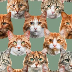 Seamless Pattern Of Different Cats Portraits On Square Green Background, Feline Diversity