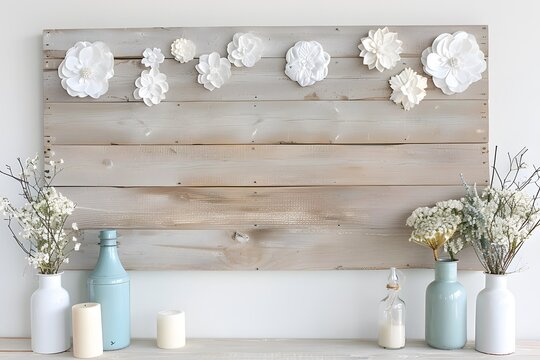 Rustic wooden wall decor with white flowers and pastel bottles on a minimalist shelf.