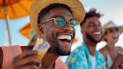 A group of friends enjoy ice cream during a sunny day at the beach, wearing summer clothes and hats, with bright orange umbrellas providing shade in the background.