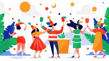 Fototapeta premium A festive street parade with floats, dancers in colorful costumes, and cheerful onlookers, showcasing community merrymaking and celebration, flat design illustration
