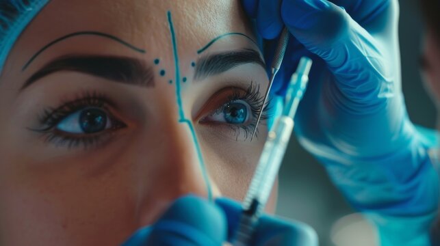 ENT doctor is drawing mark up lines on nose before rhinoplasty surgery. Rhinoplasty markup. Rhinoplasty is reshaping nose surgery for change appearance of the nose and improve breathing 