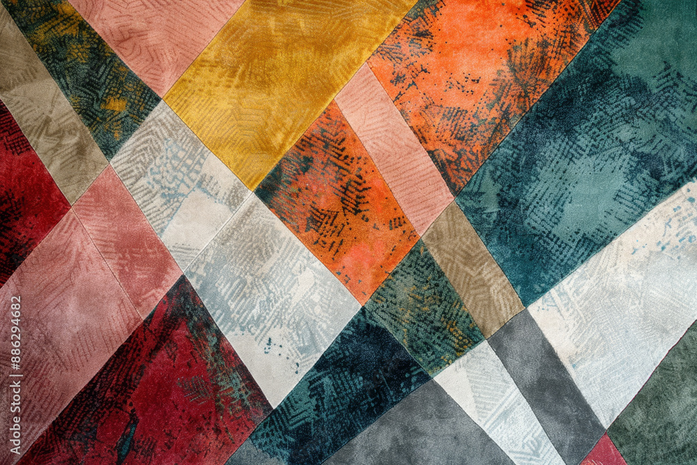 Poster a colorful rug with a pattern of squares and triangles