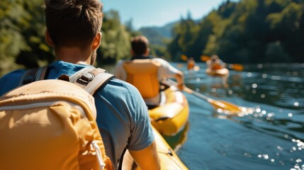 A group of people kayaking together on a beautiful river, flanked by lush greenery under a clear blue sky, enhancing the sense of adventure and connection with nature.