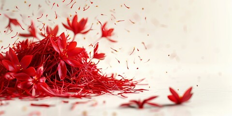 Minimalistic advertisement image featuring vibrant red saffron flowers and threads on a light background