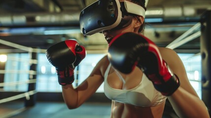 A female athlete trains in a boxing ring, wearing virtual reality goggles and boxing gloves, demonstrating the immersive power of technology in sports