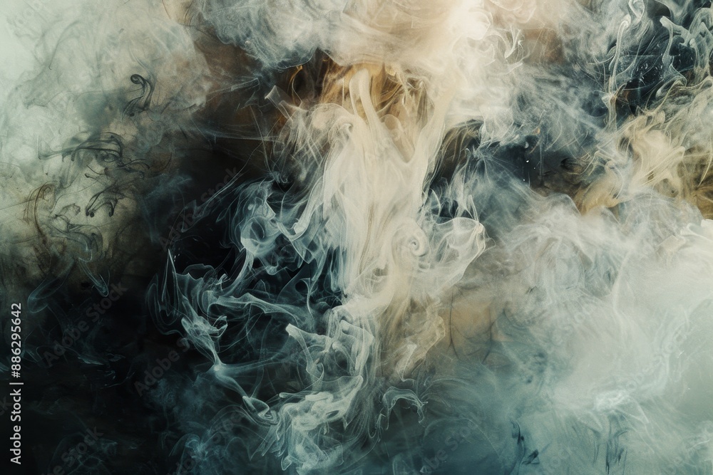 Poster an abstract black and white scene with billowing smoke emanating from the image, create an abstract 