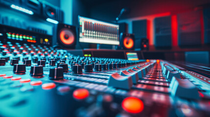 Naklejka premium Audio mixing console in a recording studio