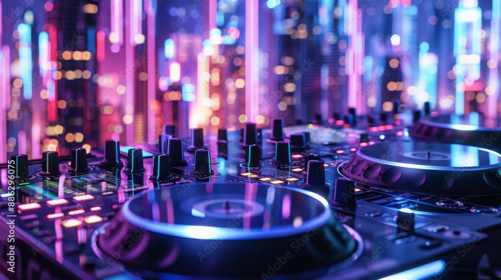 Aufkleber a close-up of a dj mixer with glowing buttons and dials, the background blurred with a vibrant citys