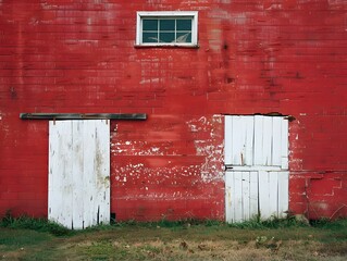 Red Barn Wall with White Doors and Window