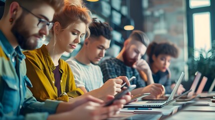 Team of young professional business developpers, programmers and coders of a startup, working and coding with smartphones