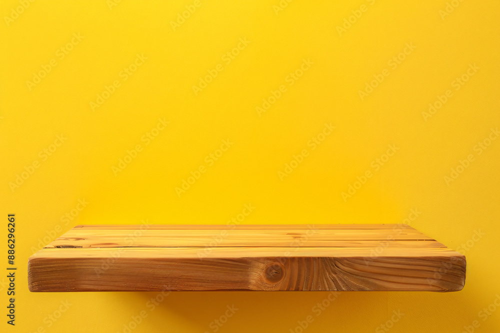 Poster empty wood table top on yellow background for product display presentation with space for text or de