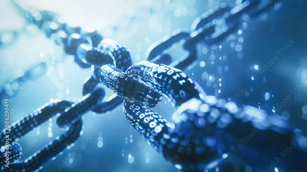 Poster digital blue chain with binary code on a dark background