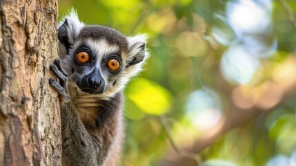 Obraz premium Curious Ring-Tailed Lemur Peeking From Behind a Tree
