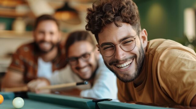Three friends having a great time playing pool indoors, focusing on one smiling man in the foreground, capturing the essence of male bonding and fun.