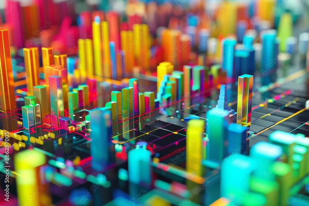 Poster a bustling city with colorful high-rise buildings against a clear sky, create an abstract representa