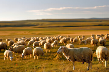 Fototapeta premium A flock of sheep grazing on a grassy hill