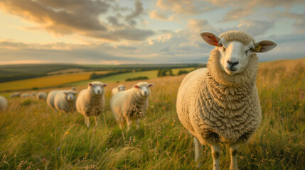 Fototapeta premium A group of sheep standing in a green field looking at the camera.
