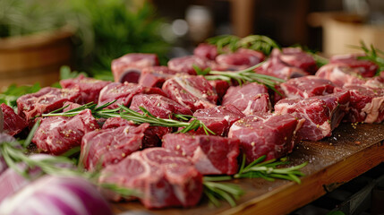 Fresh raw beef steak on wooden board with rosemary.
