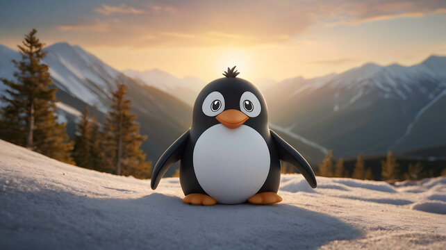 cute Linux toy penguin in mountains