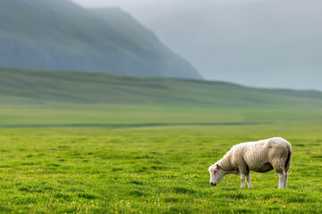 The image shows a sheep grazing in a lush green field with a mountain in the background.