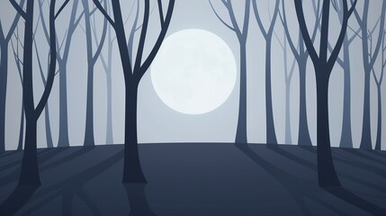 Obraz premium A foggy October night with a full moon casting eerie shadows over an old, twisted forest, creating an enigmatic and mysterious atmosphere, flat design illustration