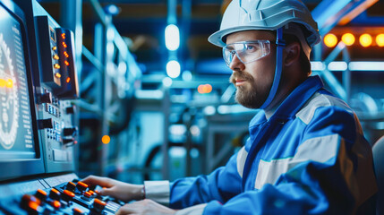 An industrial engineer working at a control panel in a modern factory