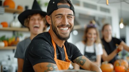 A man with a black cap and orange apron happily stands in a lively kitchen environment, surrounded by friends and engaging in cooking activities, capturing a joyful and communal moment.