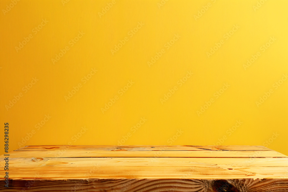 Poster empty wood table top on yellow background for product display presentation with space for text or de