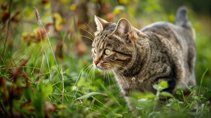 Naklejka premium A Tabby Cat Stalking in Lush Green Grass