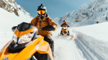 A group of snowmobilers navigate through snowy mountain terrain, showcasing an adrenaline-filled adventure and excitement amidst the breathtaking and pristine winter scenery.