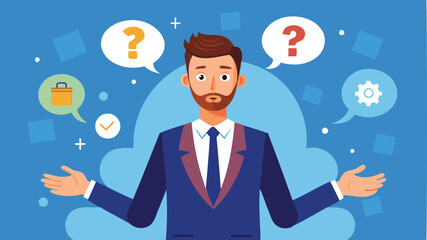 Confident Businessman Speaking Question Mark, Seeking Answers and Support for Work Problems