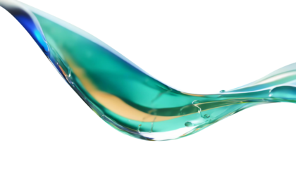 Abstract liquid glass shape with colorful reflections. Ribbon of curved water with glossy color wavy fluid motion. Chromatic dispersion flying and thin film spectral effect.