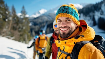 A group of individuals wearing colorful winter gear hike up a snow-covered mountain, appreciating the scenic view and the camaraderie of friends on a bright, clear day.