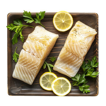 Top view of a delicious looking raw haddock fillet arranged food photography style on a wooden tray isolated on a white transparent background