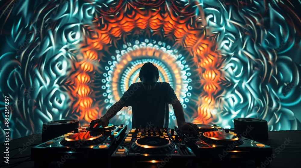Aufkleber a dj stands behind a mixing board, illuminated by a colorful, swirling mandala projection. the dj's 