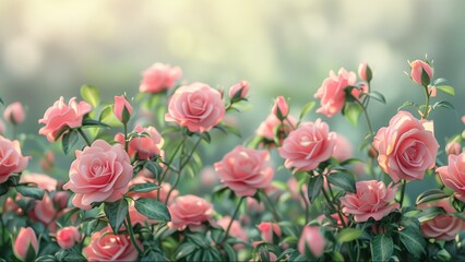 Fototapeta premium Abundance of Pink Roses in Sunlit Garden