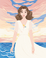 Beautiful woman at the sea. Happy relaxed young girl travel alone. Calm sunset landscape on the ocean. Woman passion heart concept art. Colored flat vector illustration for print, postcard design.